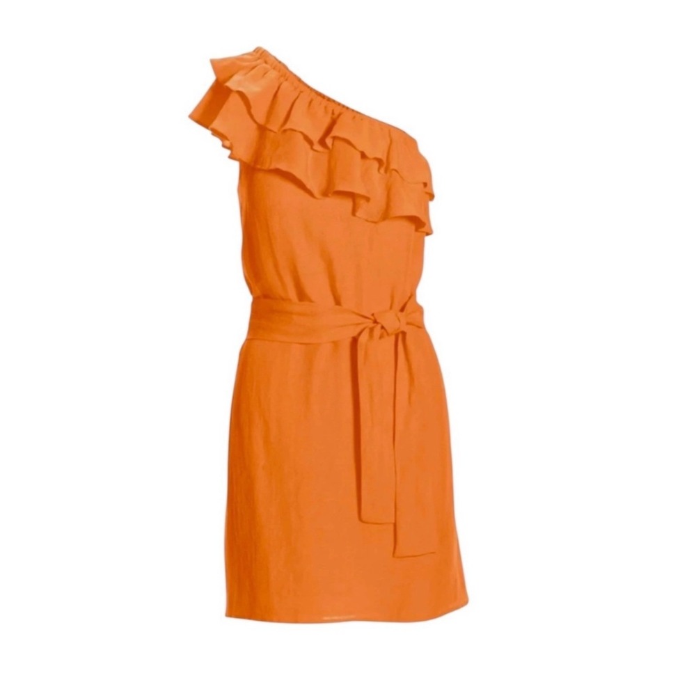 Boston Proper Orange Linen Blend One Shoulder Ruffle Mini Dress Medium